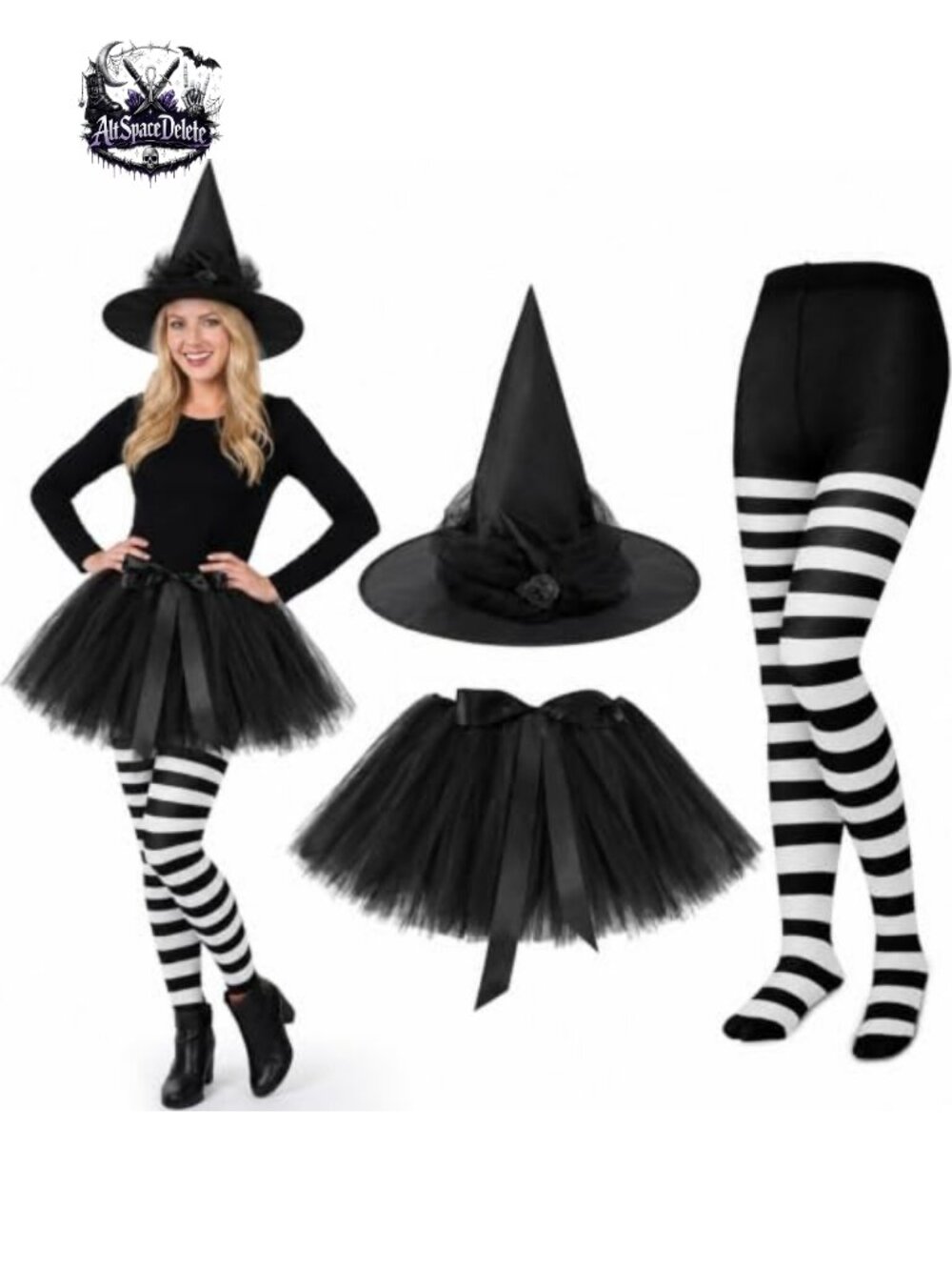 Witch Costume Set Tutu Skirt Witch Hat Striped Tights Halloween Cosplay